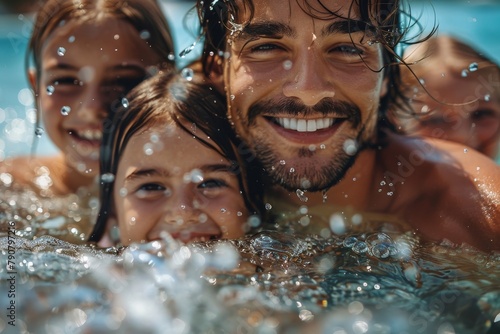 A joyful man with two kids playing and smiling in the water, capturing a happy family moment