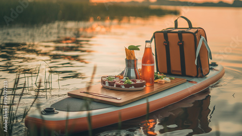 Gourmet snacks and sparkling wine on a paddleboard at dusk