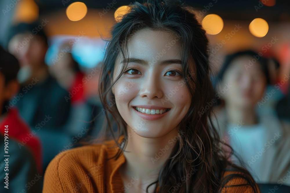A smiling young woman in an orangish sweater enjoying the neon ambiance A smiling young woman in an orangish sweater enjoying the neon ambiance