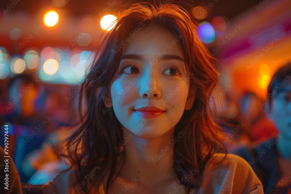 Young woman with a beaming smile in a neon-lit atmosphere, exuding warmth and joy Young woman with a beaming smile in a neon-lit atmosphere, exuding warmth and joy