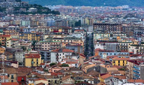 Densely populated areas of the Italian city of Salerno. Salerno is a city and port on the Tyrrhenian Sea in southern Italy, the administrative center of the Salerno province of the Campania region.