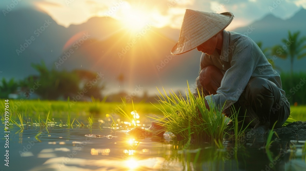 Visualize a rice farmer engaging in the early morning planting of rice ...