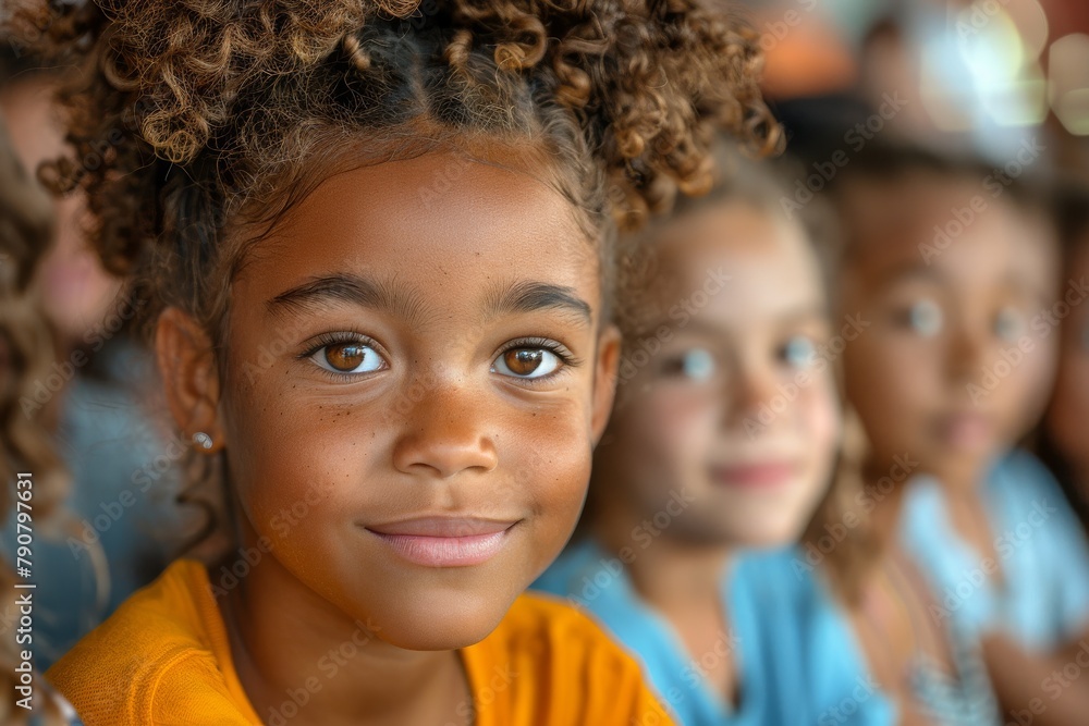 A charming young girl smiling at the camera with her friends blurred in the background A charming young girl smiling at the camera with her friends blurred in the background