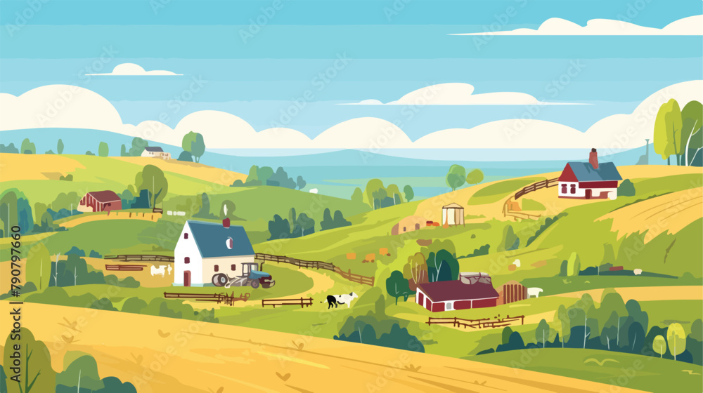 Cartoon vector farm landscape field with farmers bu