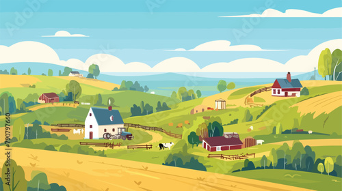 Cartoon vector farm landscape field with farmers bu