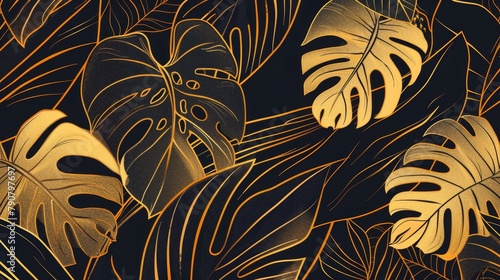 Art deco golden wallpaper. Monera plant line art on dark gray background. Floral pattern with golden split-leaf Philodendron plant. Modern illustration. photo