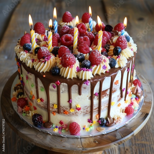 A three-layer chocolate cake with raspberries, blueberries, and blackberries on top, and drizzled in chocolate ganache. photo