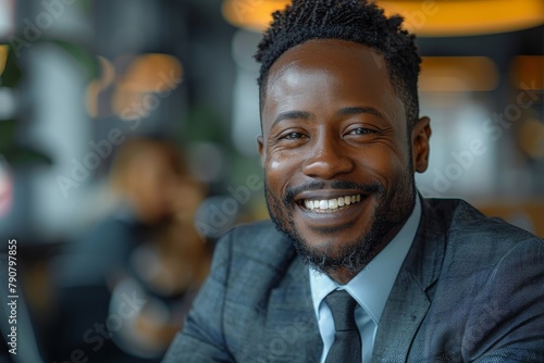 A sharp image of a businessman with a perfectly groomed beard, smiling confidently in a modern office setting