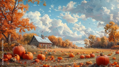 Autumn Beauty: Farmhouse Pumpkin Patch, generative ai photo