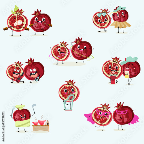 Cute garnet, pomegranate  fruit characters set, collection. Flat vector illustration. Activities, playing musical instruments, sports, funny fruits.