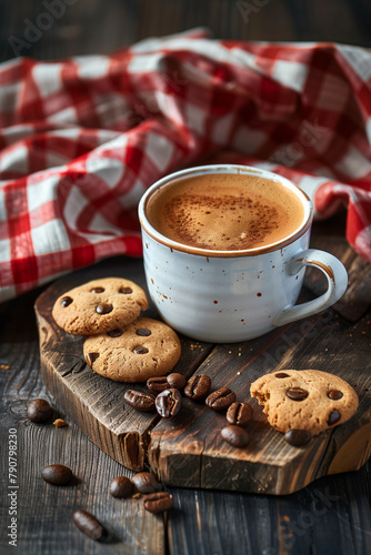 cup of coffee and cookies, A photo of coffe , on a rustic wooden table with a red checkered cloth and broken chunks of cookies nearby photo