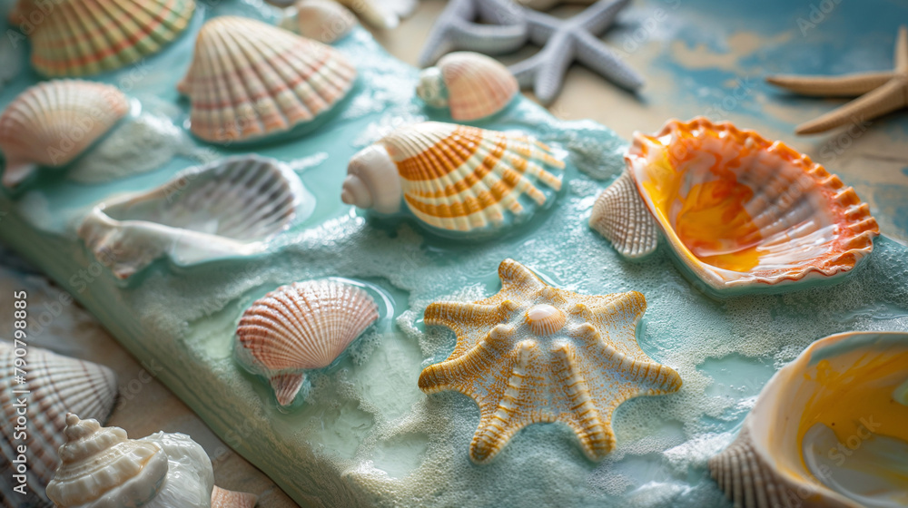 Close-up of colorful seashells on a turquoise surface