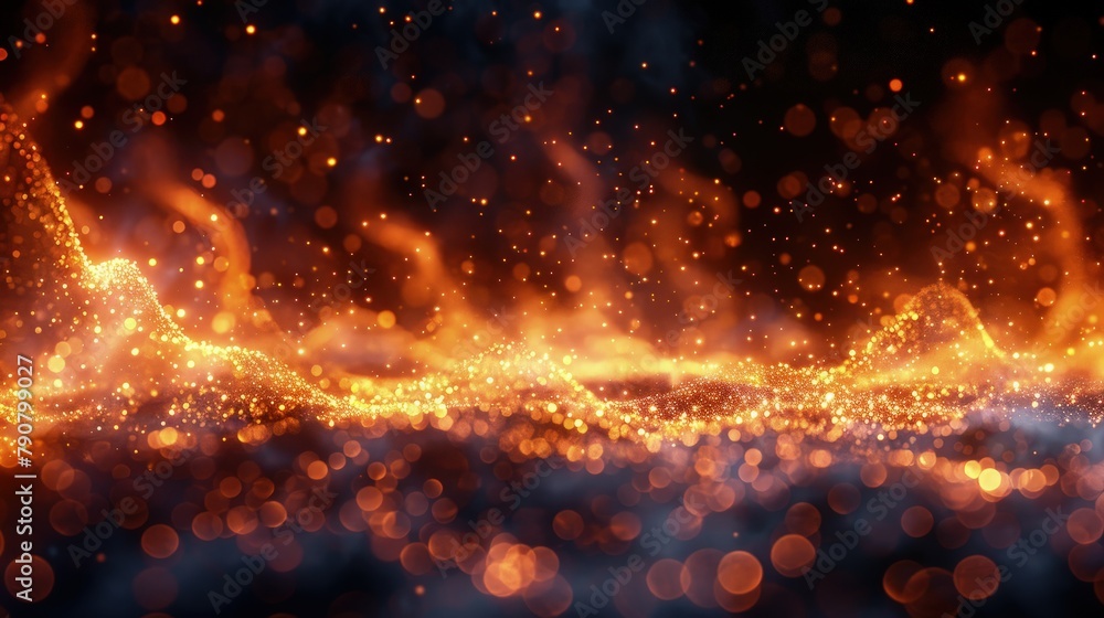 Enigmatic Sparkle. Fiery Glints Amidst the Velvet Darkness, Adorned with Bokeh Flourishes.