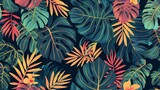 Floral wallpaper design with exuberant flowers and leaves, split-leaf Philodendron plant, Monstera plant, jungle plants line art on trendy background.