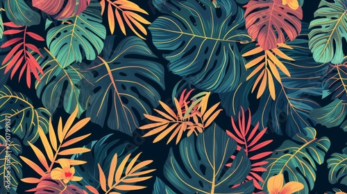 Floral wallpaper design with exuberant flowers and leaves, split-leaf Philodendron plant, Monstera plant, jungle plants line art on trendy background.