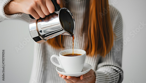 Woman pouring espresso from a geyser coffee maker into a cup on a white background
