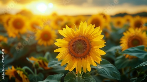 Golden Glow: Sunflower Field at Sunset, generative ai