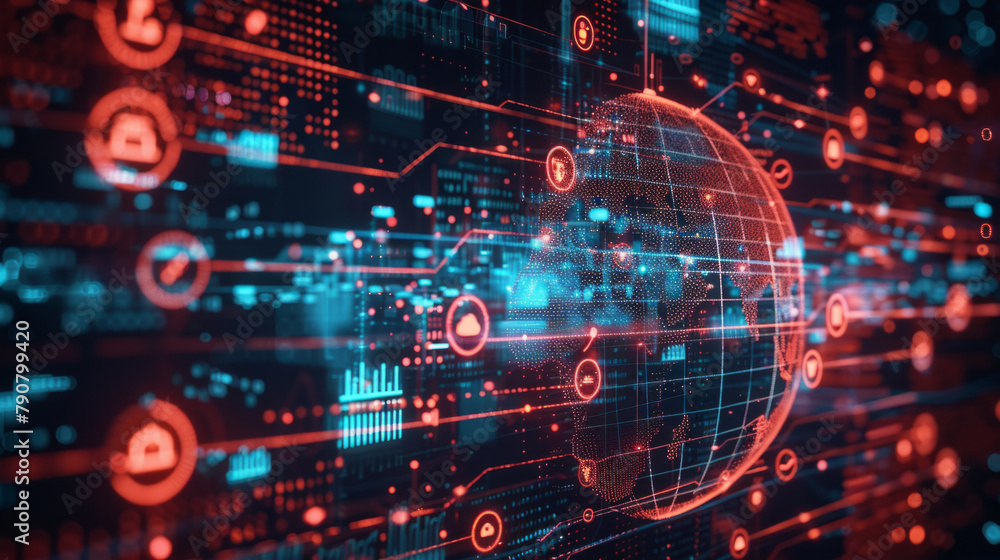 Visual representation of global security provided by digital technology, focusing on network protection and data flow monitoring. Visual representation of global security provided by digital technology, focusing on network protection and data flow monitoring.