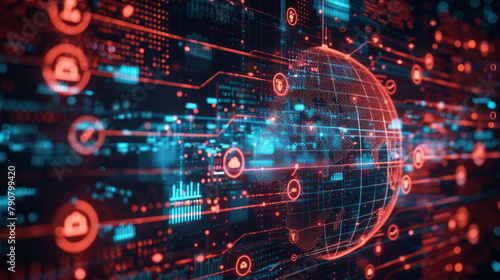 Visual representation of global security provided by digital technology, focusing on network protection and data flow monitoring.