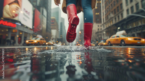 Close up of a woman in red rain boots jumping into a puddle on the street during rainy weather with a city background photo