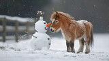 Funny little pony with a horse shaped snowman in winter, generative ai
