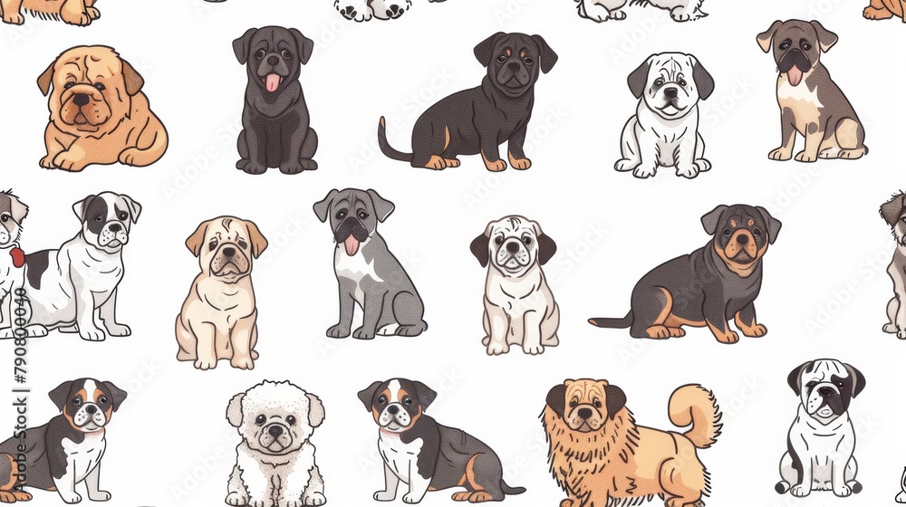The cutest set of puppies and dogs modern! Pugs, corgis, poodles, samoyeds, corgis, poodles, samoyeds with flat colors. Adorable pet characters hand drawn collection on white background.