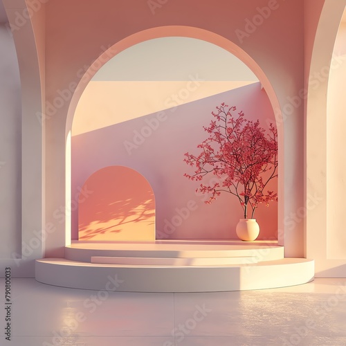 Minimalist 3D rendering of a sleek presentation stage, pastel color palette, clean lines, professional yet inviting -ar 16:9 -v 6