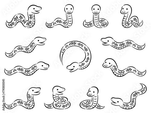 筆調の蛇の線画イラストセット