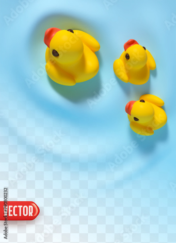 One big and two small yellow rubber ducks float on the surface of blue water with small splashes of waves in a 3D cartoon style. Transparent background effect. Vector illustration