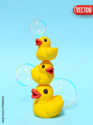 Three little yellow rubber ducks stand on top of each other with flying soap bubbles in realistic 3d Cartoon style. vector illustration