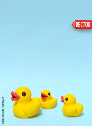 One large and two small yellow rubber ducks on a blue background surface in 3D cartoon style. Vector illustration