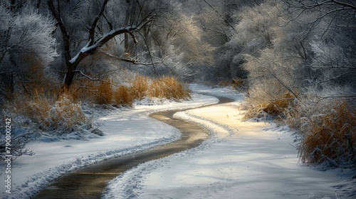Enchanting Winter Wonderland with Snow-Covered Trees and Serene Stream