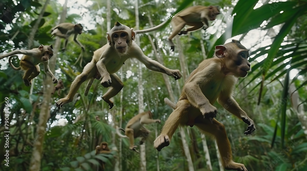 Fototapeta premium Monkey Merriment: A Troupe of Playful Monkeys Swinging Through the Canopy, Their Joyous Chatter Filling the Air as They Frolic and Tumble in Nature's Playful Playground.
