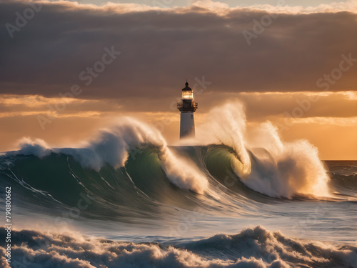 Huge wave hitting shore  rocks during sunset with lighthouse