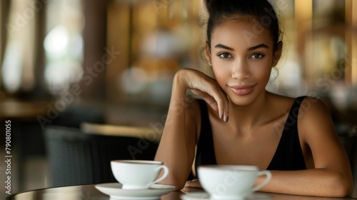 Serene Woman Enjoying Coffee in a Cozy Cafe Ambiance