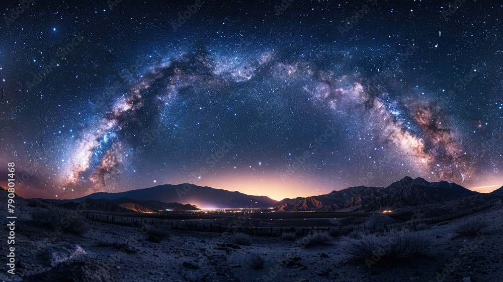 Epic Panoramic astrophotography of visible Milky Way galaxy. Stardust at night sky