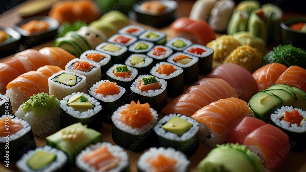 An exquisitely crafted sushi masterpiece, showcasing succulent salmon, tender tuna, creamy avocado, and crisp cucumber meticulously arranged on a delicate ceramic platter. An exquisitely crafted sushi masterpiece, showcasing succulent salmon, tender tuna, creamy avocado, and crisp cucumber meticulously arranged on a delicate ceramic platter.