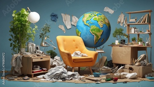 a globe in an untidy room full of garbage symbolizes modern environmental problems photo