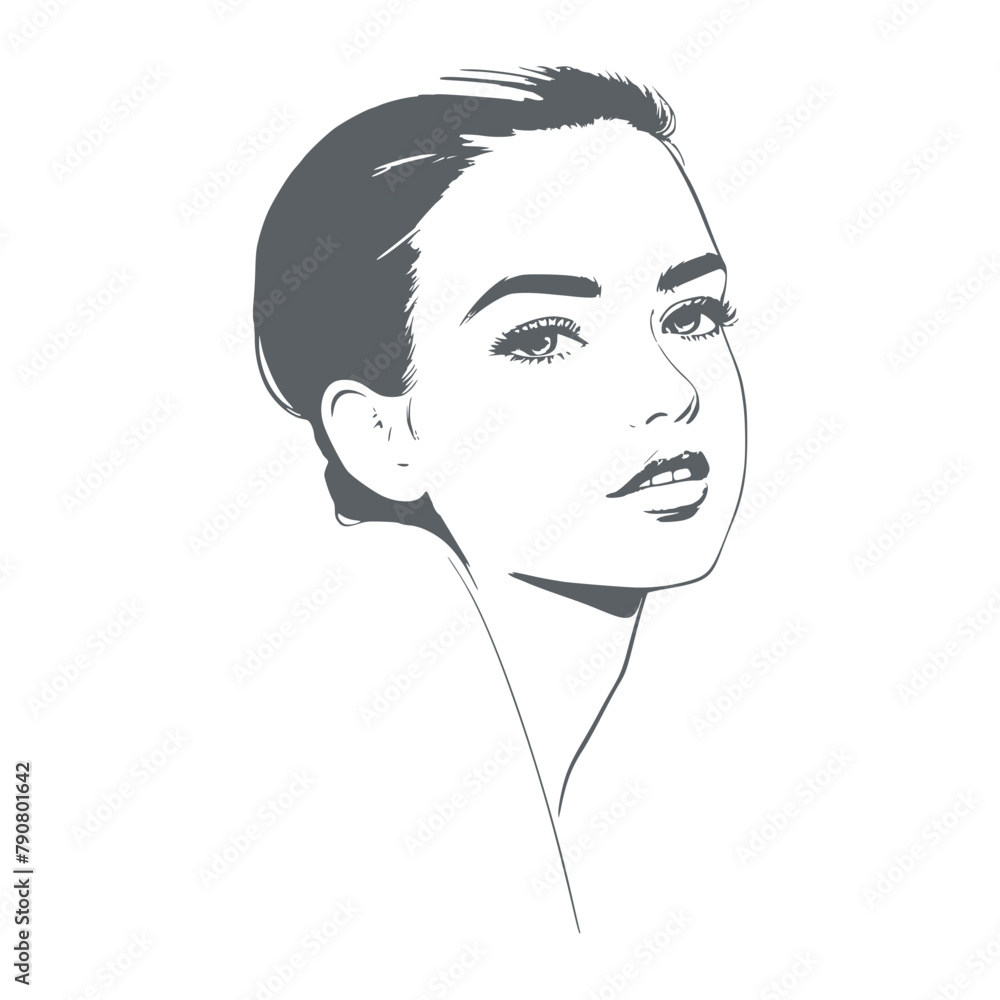 Young woman face half turn view in low key style. Elegant silhouette of a female head. Young woman face half turn view in low key style. Elegant silhouette of a female head.