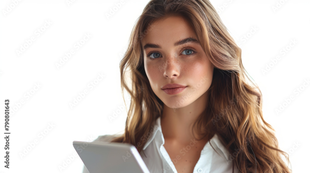 A confident and modern young businesswoman using digital technology in a professional setting. A confident and modern young businesswoman using digital technology in a professional setting.