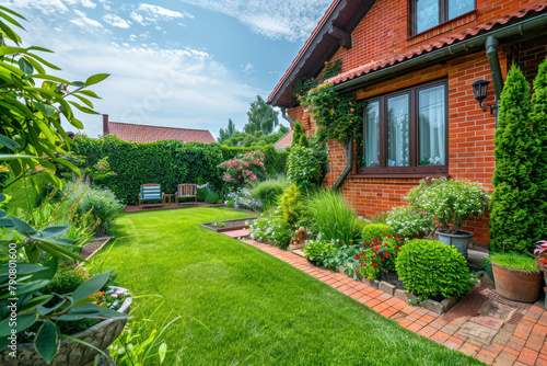 Back and front yard cottage garden, flowering plant and green grass lawn, brown pavement and orange brick wall. © Hunman