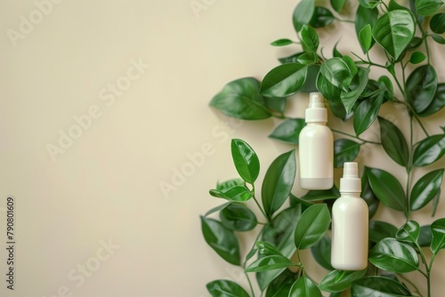 Mock up of natural beauty products. White cosmetic bottles with green leaves on a light neutral background. ai generated