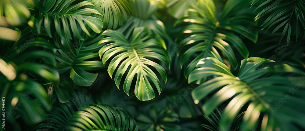 Obraz premium A vibrant tropical leaves background displaying a green floral pattern, representing the beauty and lushness of nature in a banner.