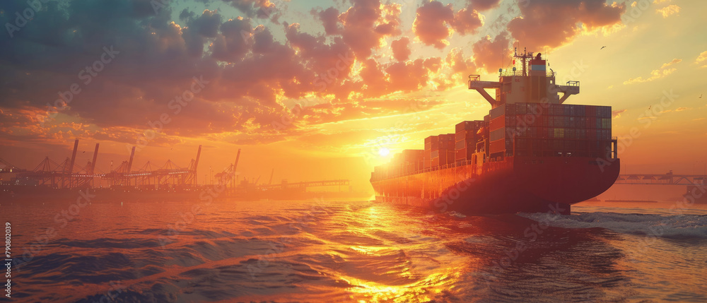 a cargo ship carrying containers in a busy port at sunset, symbolizing global trade and the interconnectedness of economies.