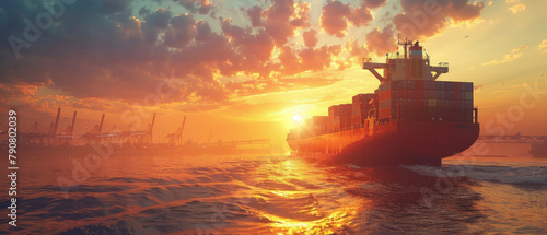 a cargo ship carrying containers in a busy port at sunset, symbolizing global trade and the interconnectedness of economies.