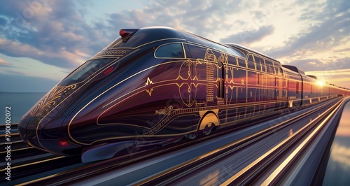 Art Deco 3D render of a sleek high-speed train with decorative motifs and stylish design. 3D Render.
