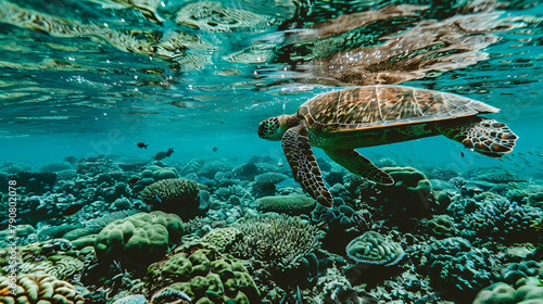 A sea turtle swimming over a coral reef