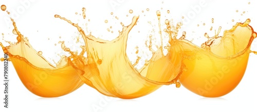 Three orange juice splashing from glass on white background