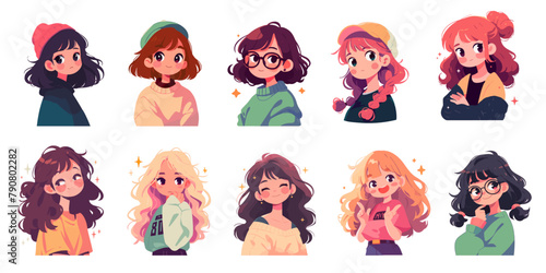 Anime girls in different outfits for stickers or badges. Cartoon kawaii manga girl portraits. Set of vector young woman in japanese animation style