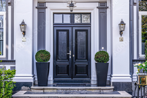 Black front door of classic style home.
